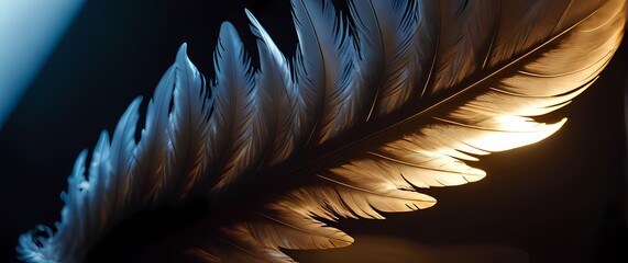 Closeup of the intricate designs in a feather glowing in the sunlight