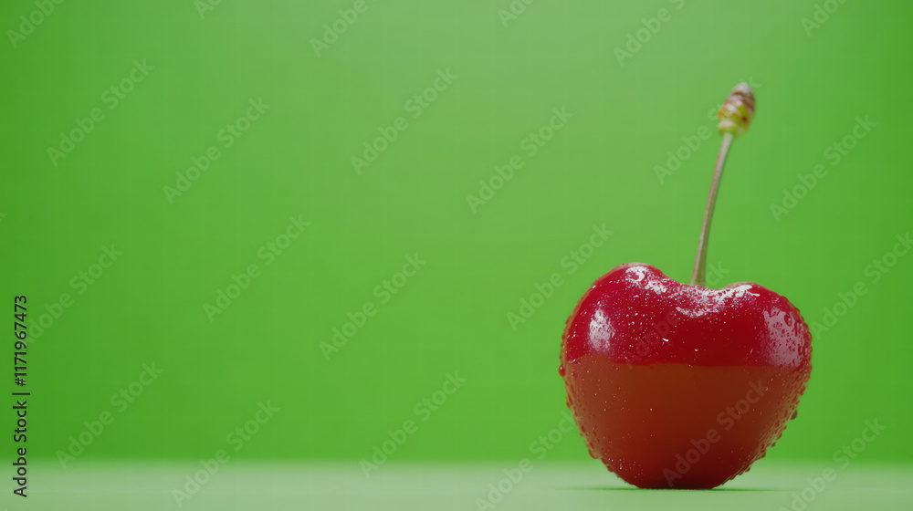 Poster close up of fresh cherry with droplets of water on its surface, set against vibrant green backdrop, 