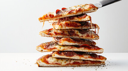 delicious pepperoni pizza slices stacked high on white background