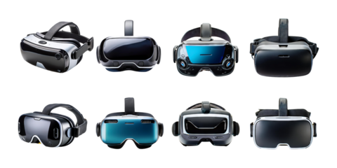 Collection of Modern Virtual Reality Headsets on Transparent Background