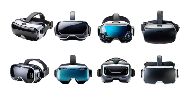 Collection of Modern Virtual Reality Headsets on Transparent Background