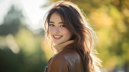 Naklejka premium Japanese woman in brown leather jacket at city park at sunny morning