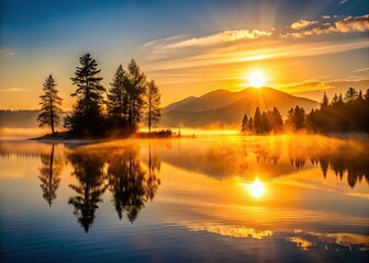 Fototapeta premium Golden hour paints the peaceful lake, its silhouette mirrored in still water, a serene dawn sunrise.