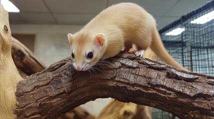 A light-colored ferret perched on a wooden branch in an indoor environment.