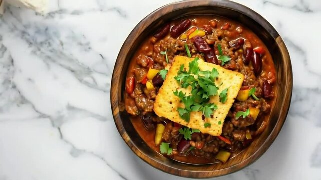 A bowl of delicious beef chili with beans, peppers, and cornbread. Perfect for a cold day
