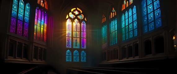 Colorful stained glass reflecting light in a historic building