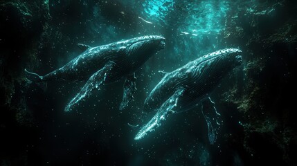 Fototapeta premium Enchanted Ocean: Two Majestic Humpback Whales Gracefully Glide Through Bioluminescent Waters