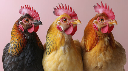 Naklejka premium Chickens with detailed feathers standing closely together, showcasing vibrant colors