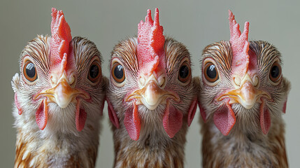 Naklejka premium Three hens with expressive eyes and vibrant feathers, showcasing their unique personalities