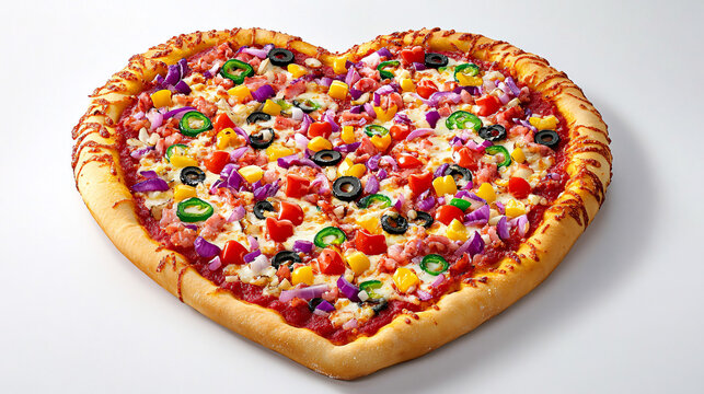 delicious heart shaped pizza with colorful toppings on white background