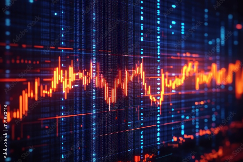 Poster futuristic stock market data visualization with neon colors and glowing lines