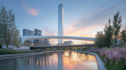 Obraz premium Modern city skyline at sunset, featuring a sleek bridge over a calm canal, with tall buildings and vibrant plants.