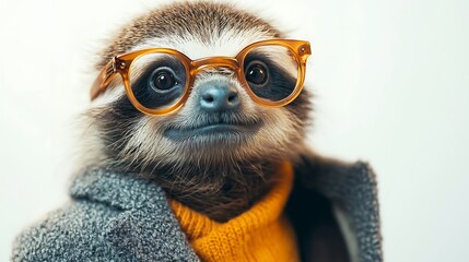 sloth wearing the glasses in the neat suit against white background