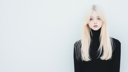 Naklejka premium Elegant Portrait of a Woman with Long Blonde Hair in Black Sweater