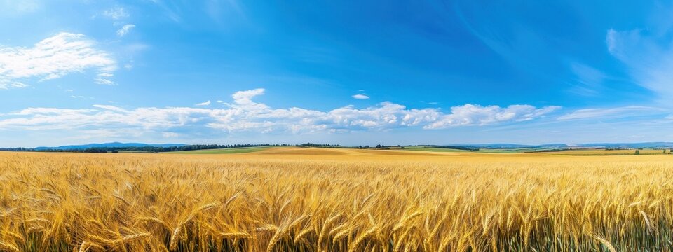 A picturesque view of a golden wheat field stretching to the horizon under a clear blue sky with fluffy white clouds, Wheat field scene, Sunny style