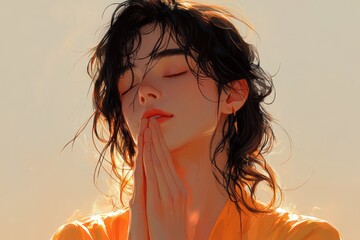 Naklejka premium Thoughtful Young Indian Woman in 3D Style Illustration of Prayer and Reflection on Light Background