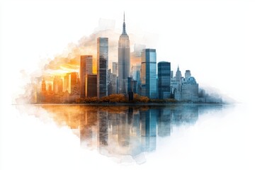 Obraz premium A drawing combining images of a bustling city skyline and a sleek modern office interior, symbolizing the seamless integration of business and productivity in achieving success.