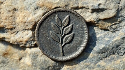 A coin featuring a leaf design, resting on a textured stone surface.