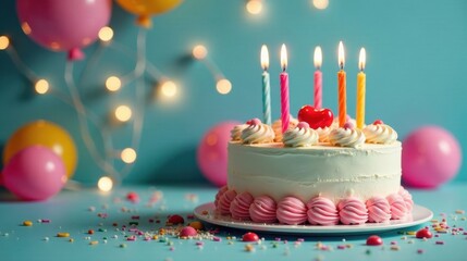 A Festive Celebration Cake with Burning Candles, Surrounded by Balloons and Sprinkles on a Teal Surface
