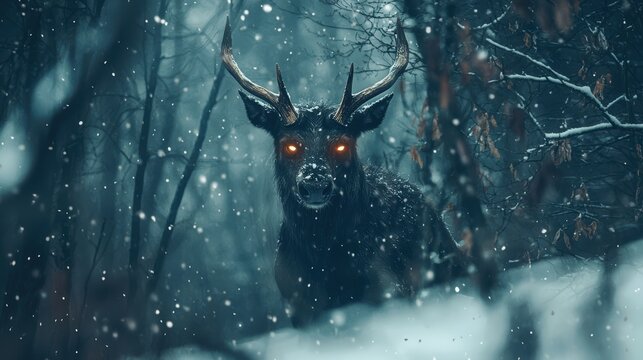 Dark Stag in Winter Wonderland: A Mystical Encounter in a Snowy Forest