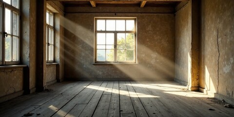 Sunbeams Illuminate Empty Room's Aged Wooden Floor and Plaster Walls