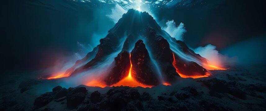 Dramatic underwater dynamics bursting forth from volcanic actions revealing rich narratives