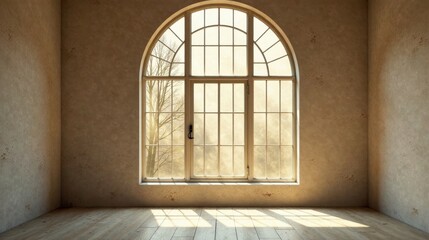 Empty Room with Large Arch Window and Sunlight Streaming Through