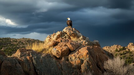 Fototapeta premium A majestic eagle perched on a rocky outcrop against a dramatic sky.
