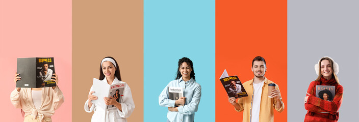 Set of different people with magazines on color background
