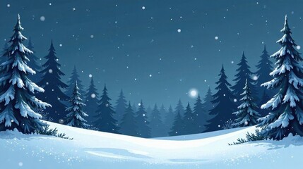 Fototapeta premium Serene Winter Night Scene Snow-Covered Pines and a Starry Sky, Perfect for Holiday or Winter-Themed Projects