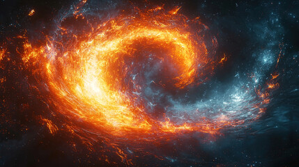 Abstract swirling energy spiral in vibrant orange, red, and yellow, set against a dark background, symbolizing powerful motion, vitality, and dynamic transformation
