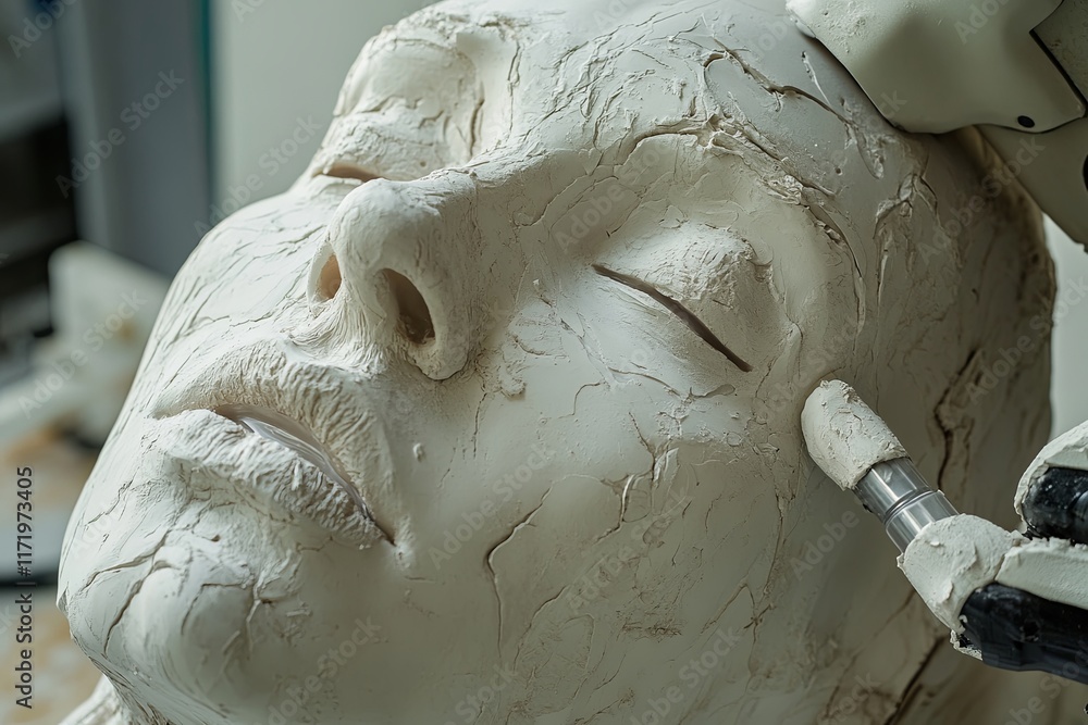 Poster Sculptor shaping a detailed head model with precision tools in a serene workshop environment. Generative AI