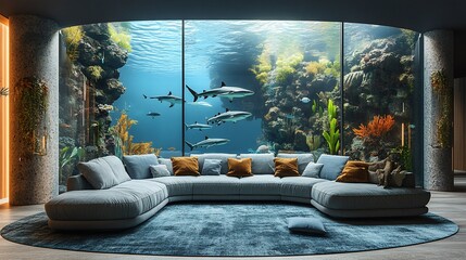 Underwater view living room with curved sofa.