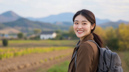 Chinese woman in brown coat at agricultural landscape, organic female farmer