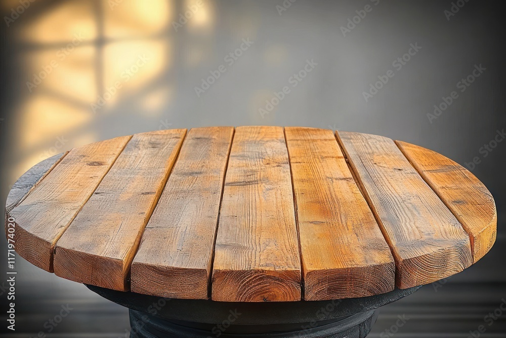 Aufkleber round wooden table top with natural light and soft shadows on white background for product display