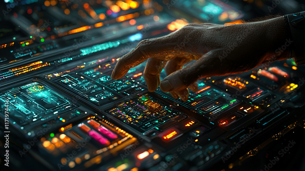 Poster a hand interacts with a futuristic control panel filled with glowing circuits and lights.