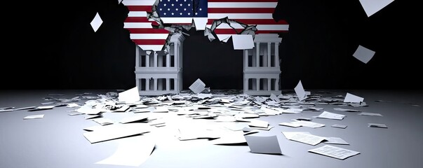 A symbolic representation of a breaking barrier featuring American elements and documents.