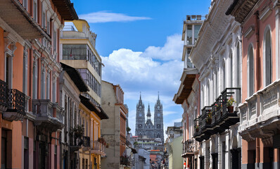 Fototapeta premium Old Town in Quito, Ecuador. Colonial colorful scenic historic city center streets.
