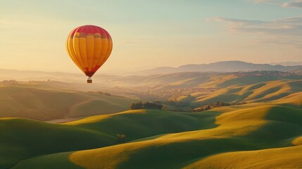 Naklejka premium Scenic Sunrise Hot Air Balloon Over Serene Rolling Green Hills