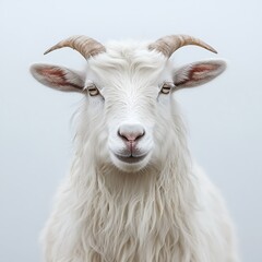 Obraz premium White goat portrait, foggy background, farm animal, serene mood, website banner.