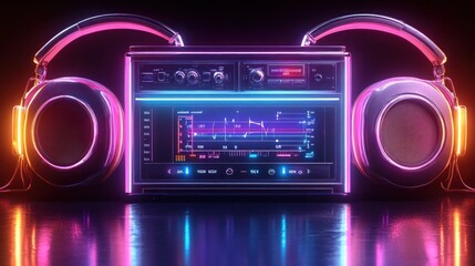 Retro futuristic audio equipment with neon glow.