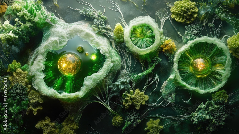 Poster abstract green organic shapes with microbial elements and textures