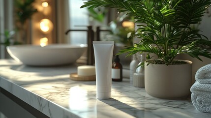 Fototapeta premium A serene bathroom scene featuring skincare products and greenery on a marble countertop.