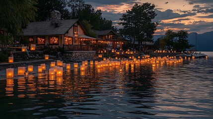 Fototapeta premium Lakeside houses illuminated by floating lanterns at sunset.