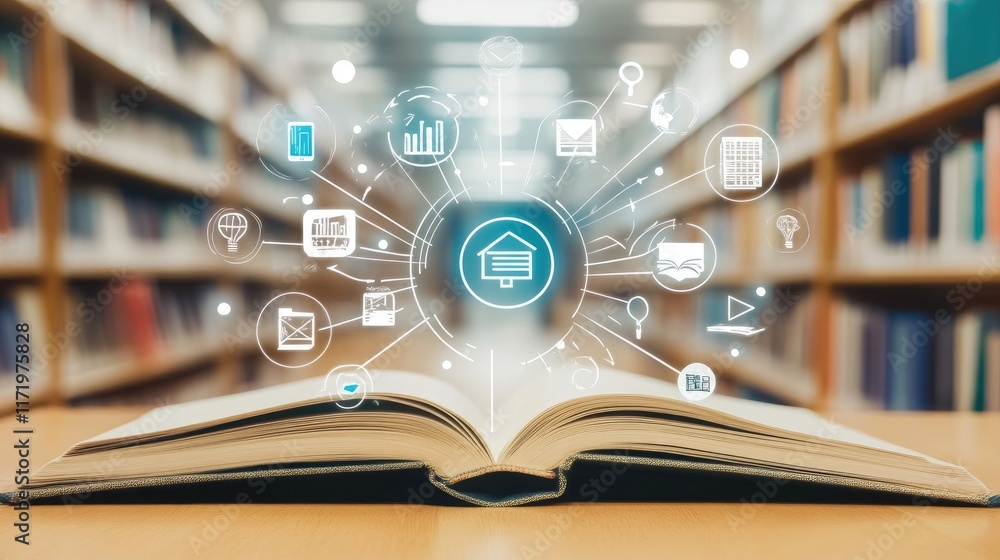 Poster open book with digital icons representing knowledge and learning
