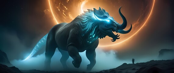 Fanciful conceptions of mythological creatures set within cosmic landscapes