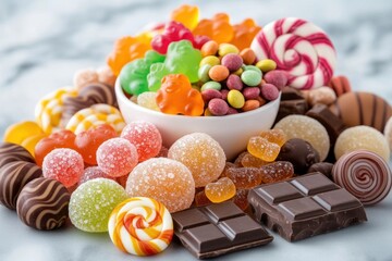 The photo shows a colorful display of various candies arranged in an enticing and festive manner