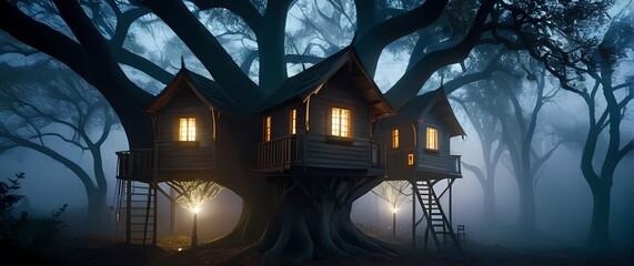 Fanciful tree houses nestled between branches inviting youthful exploration