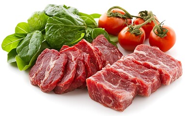 Fresh beef, spinach, and cherry tomatoes on white background; healthy eating concept.