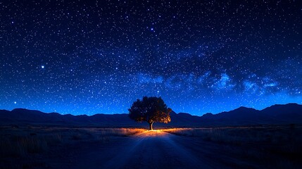 Lone tree illuminated at night under a vibrant starlit sky and mountain range.